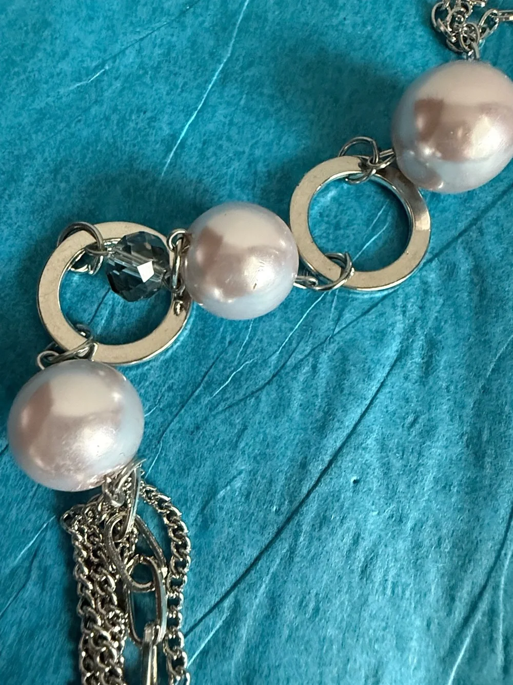 Silver Multi-Chain Necklace with Pink Pearls - Women Jewelry